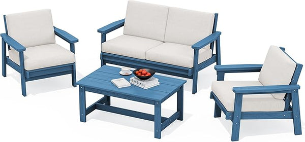 SERWALL 4 Piece HDPE Outdoor Furniture Set, All Weather Wood-Like Outdoor Sofa Sectional Couch - Photo 1