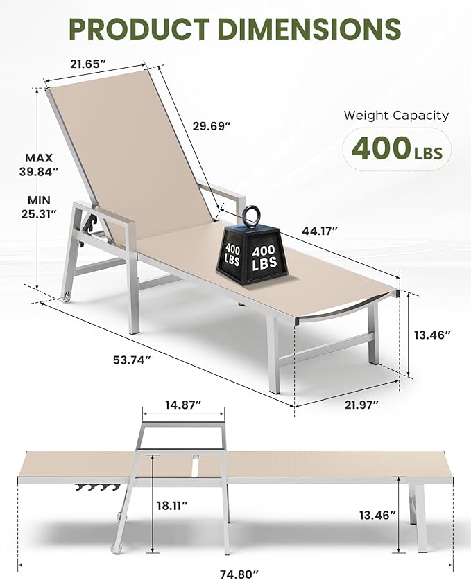 Patio Chaise Lounge Chair Outdoor with Wheels&Armrests, Aluminum Pool Lounge Chairs Five-Position Adjustable Recliner with Side Table, Outdoor Beach Lounge Chairs for Poolside, Deck, Garden, Khaki