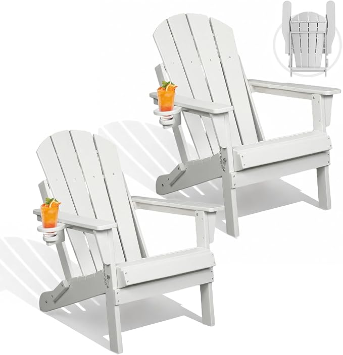Folding Adirondack Chairs Set of 2, Plastic Outdoor Patio Chairs with Cup Holder, Wood-Textured with Large Seat for Poolside Backyard Lawn, White