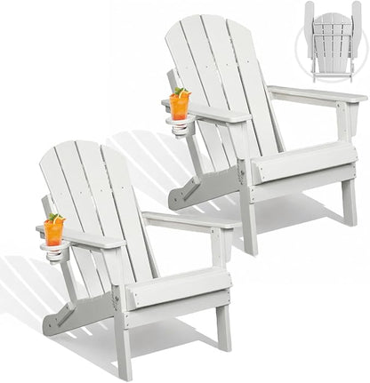 Folding Adirondack Chairs Set of 2, Plastic Outdoor Patio Chairs with Cup Holder, Wood-Textured with Large Seat for Poolside Backyard Lawn, White