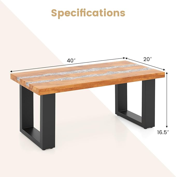 Giantex Teak Outdoor Coffee Table, Rectangular Resin Side Table with River Feel Epoxy Tabletop - Photo 2