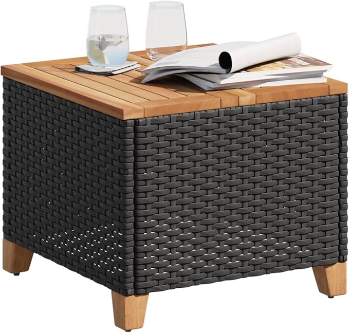Square Garden Side Table, Compact Patio Coffee Table with Durable Poly Rattan and Acacia Wood Top - Photo 5