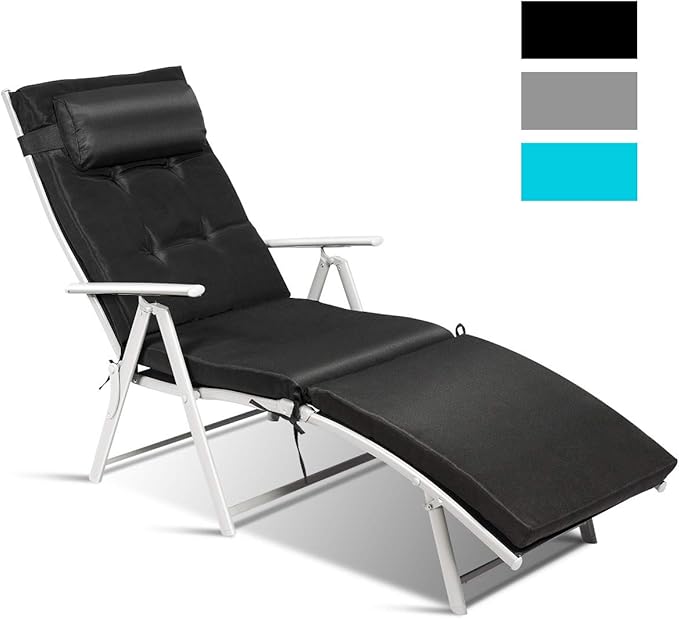 COSTWAY Outdoor Folding Chaise Lounge Chair, Lightweight 7-Gear Adjustable Recliner with Neck Pillow, No Assembly, Ideal for Deck, Patio (Black)