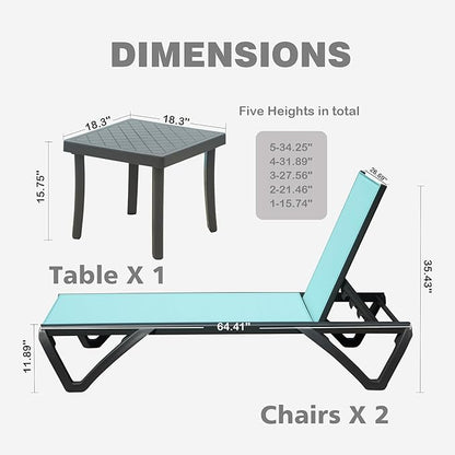Outdoor Chaise Lounge 3 Pieces Aluminum Patio Lounge Chair with 5 Adjustable Position Recliner Chair Outside Tanning Chairs for Patio, Beach, Yard, Pool, Side Table Included (Lake Blue)