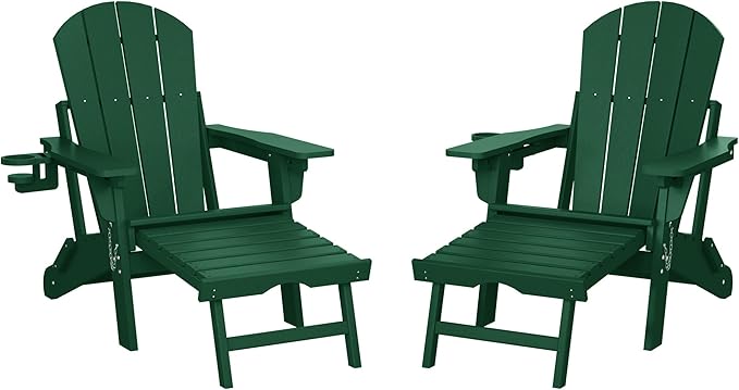 WestinTrends Malibu Folding Adjustable Adirondack Chair with Retractable Ottoman and Cup Holder (Set of 2), Dark Green