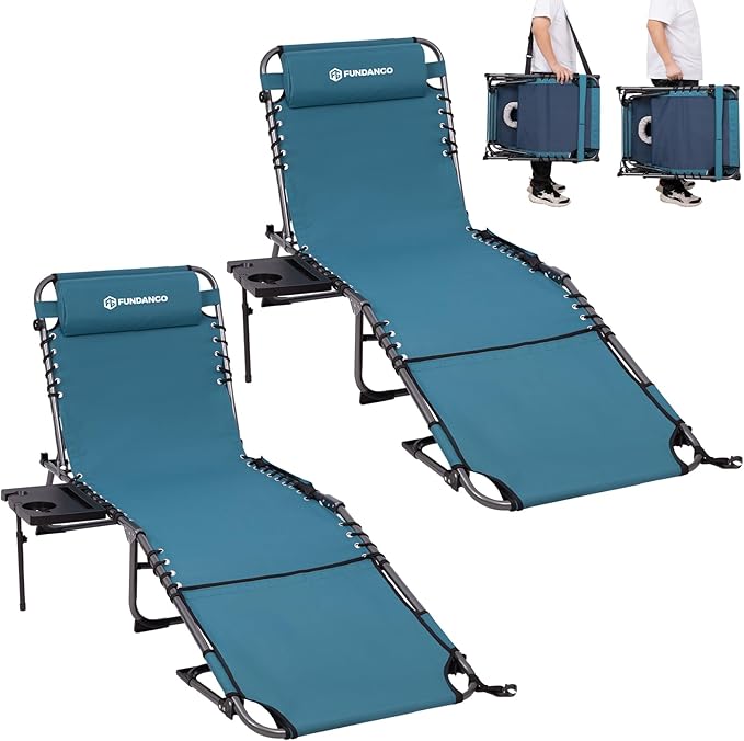 FUNDANGO 400lbs Tanning Chair with Face Hole & Canopy & Side Table, 5 Positions Beach Sunbathing Lounge Chair Facedown Chaise Lounge with Pillow for Pool Outdoor Camping Patio, Set of 2 Cyan