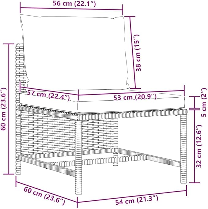 vidaXL Sectional Middle Sofa - Outdoor Comfort with Cushions, Gray Poly Rattan Material, Durable Powder-Coated Steel Frame, Perfect for Garden Lounge Sets