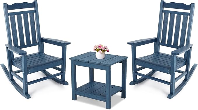 Stoog All-Weather Patio Rocking Chairs Set of 2 with Table, 3 Piece Patio Furniture Set, Never Fade or Rot, for Backyard, Lawn, Garden and Pool, Blue