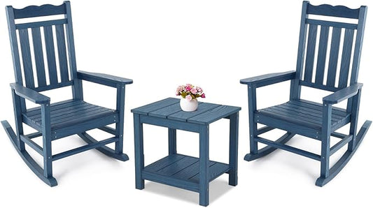 Stoog All-Weather Patio Rocking Chairs Set of 2 with Table, 3 Piece Patio Furniture Set, Never Fade or Rot, for Backyard, Lawn, Garden and Pool, Blue