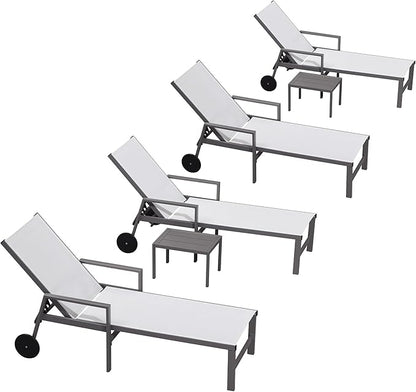 PURPLE LEAF Outdoor Chaise Lounge Set for 4 Aluminum Patio Chaise Lounger Chairs with Armrest and Wheels Adjustable Pool Chaise Lounge Chair for Beach Yard Poolside Table Included, White