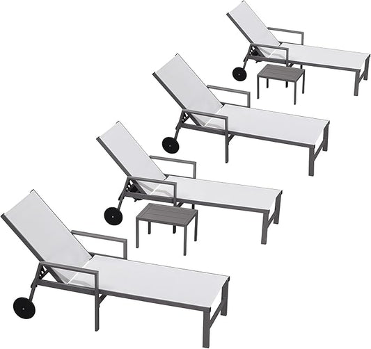 PURPLE LEAF Outdoor Chaise Lounge Set for 4 Aluminum Patio Chaise Lounger Chairs with Armrest and Wheels Adjustable Pool Chaise Lounge Chair for Beach Yard Poolside Table Included, White