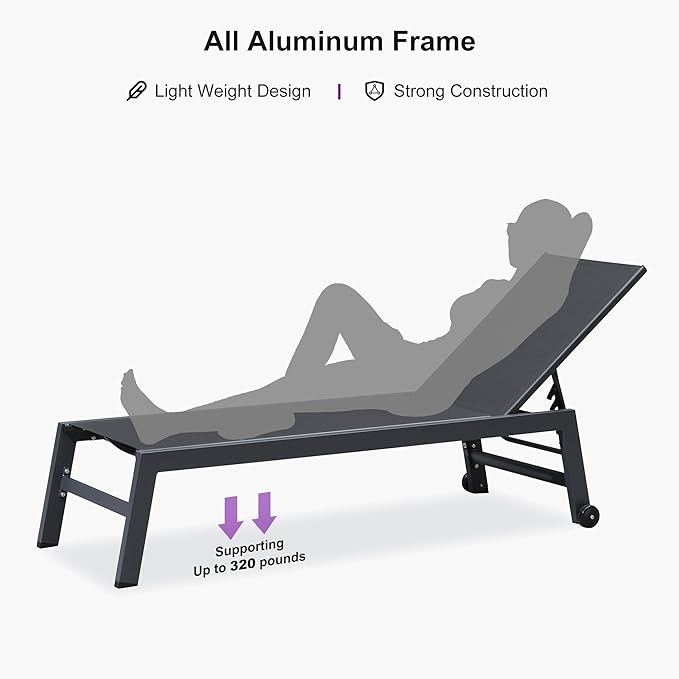 PURPLE LEAF 6-Piece Outdoor Chaise Lounge Oversized Pool Lounge Chairs with Easy-to-Move Wheels and Adjustable Backrest - Photo 6