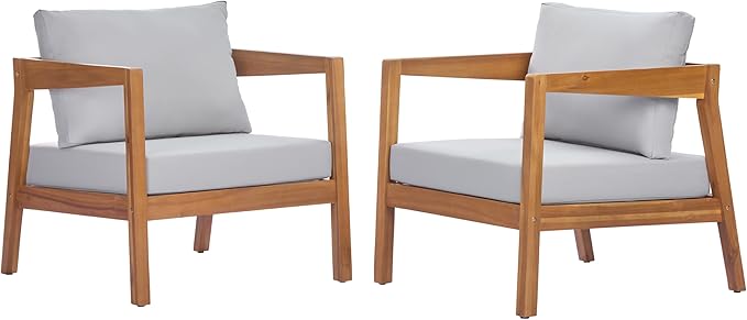Merax 2 Set 25" Acacia Solid Wood Outdoor Lounge Chair, Teak Finish Frame with Light Grey Cushion, Patio & Garden Chair, Teak+Light Grey