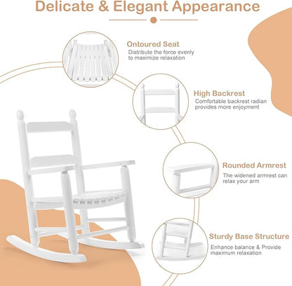 Outvita Outdoor Children's Rocking Chair, All-Weather Wooden Porch Rocker with High Backrest, Ideal for Garden, Yard, and Balcony, Patio Rocking Chair Suitable for Kids Ages 3-6(White)