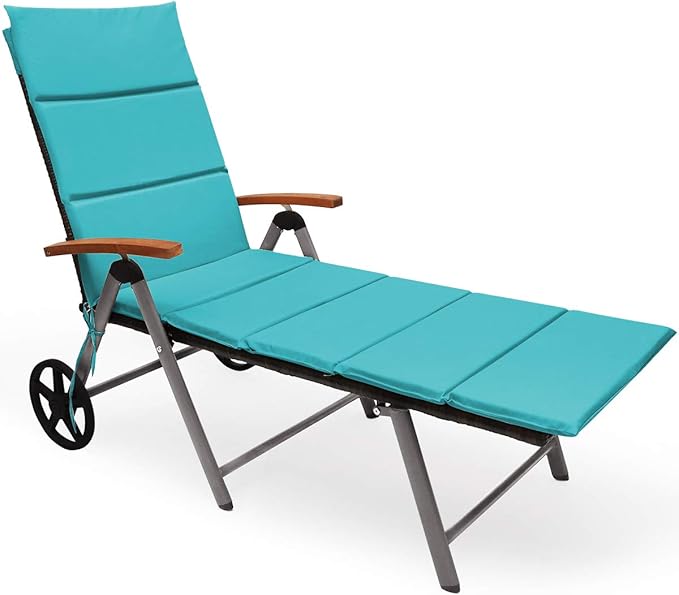 COSTWAY Folding Rattan Lounge with Wheels, Aluminum Patio Lounger with 7 Adjustable Positions, Soft Cushion - Photo 1