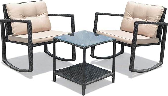 HAPPYGRILL 3-Piece Rocking Bistro Set Outdoor Patio Rocking Chairs with Coffee Table, Rattan Wicker Furniture Conversation Set for Garden Lawn Backyard Balcony