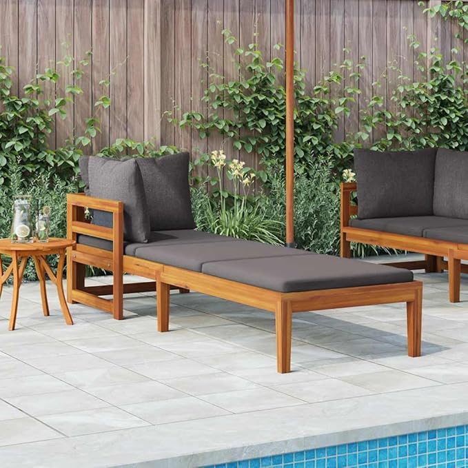 Acacia Wood Outdoor Chaise Lounge 292×73×23 cm, Dark Gray Patio Recliner with Cushion, Poolside/Terrace - Photo 1
