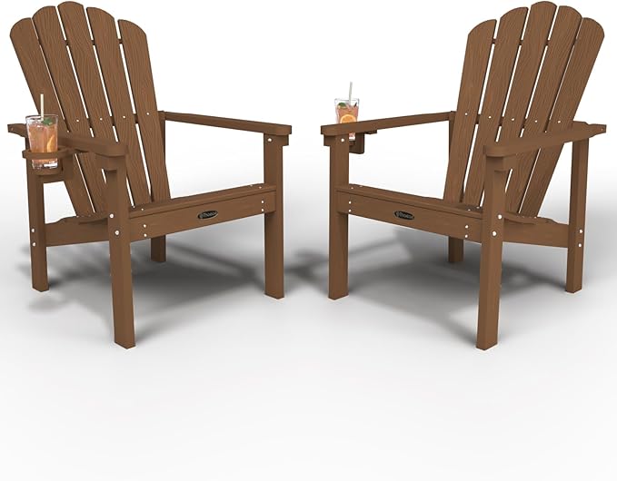 Stackable Adirondack Chair Set of 2, HDPE All-Weather Adirondack Chairs - Durable and Space Saving, Plastic Outdoor Fire Pit Chairs with Cup Holder,Wood