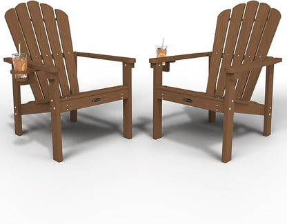 Stackable Adirondack Chair Set of 2, HDPE All-Weather Adirondack Chairs - Durable and Space Saving, Plastic Outdoor Fire Pit Chairs with Cup Holder,Wood