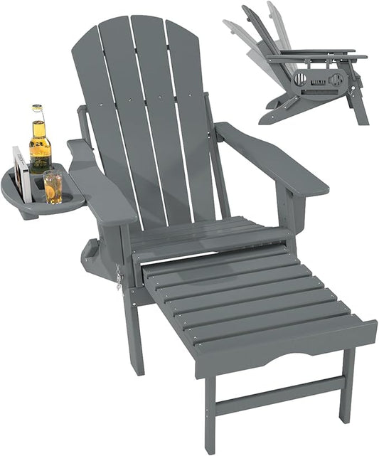FOOWIN Folding Adjustable Adirondack Chair with Retractable Ottoman, HDPE Adirondack Chair w/4 in 1 Cup Holder Trays,All-Weather Resistant Fire Pit Chair for Outdoor Patio Lawn, Grey