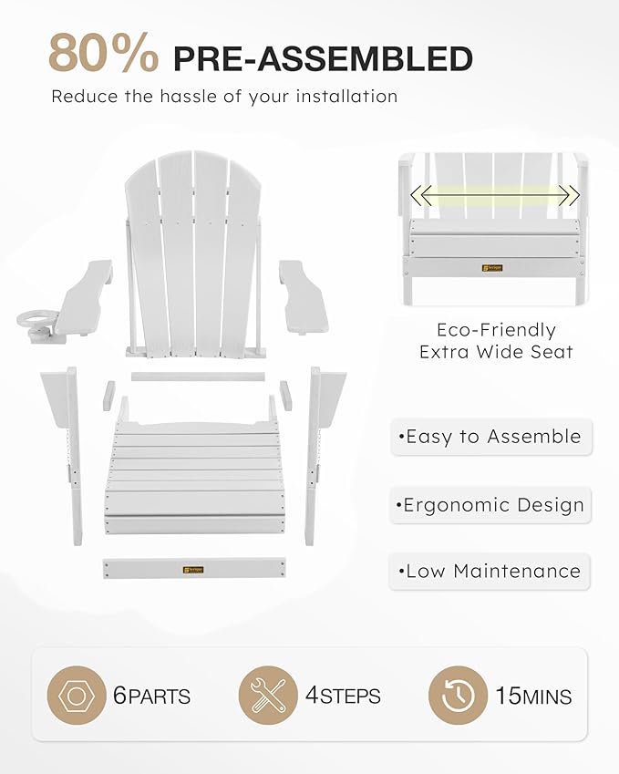 Folding Adirondack Chair Wood Texture, Patio Chairs Weather Resistant, Outdoor Chair, Lawn Chair with Cup Holder, Fire Pit Chair for Deck, Outdoor, Porch, Backyard (White)