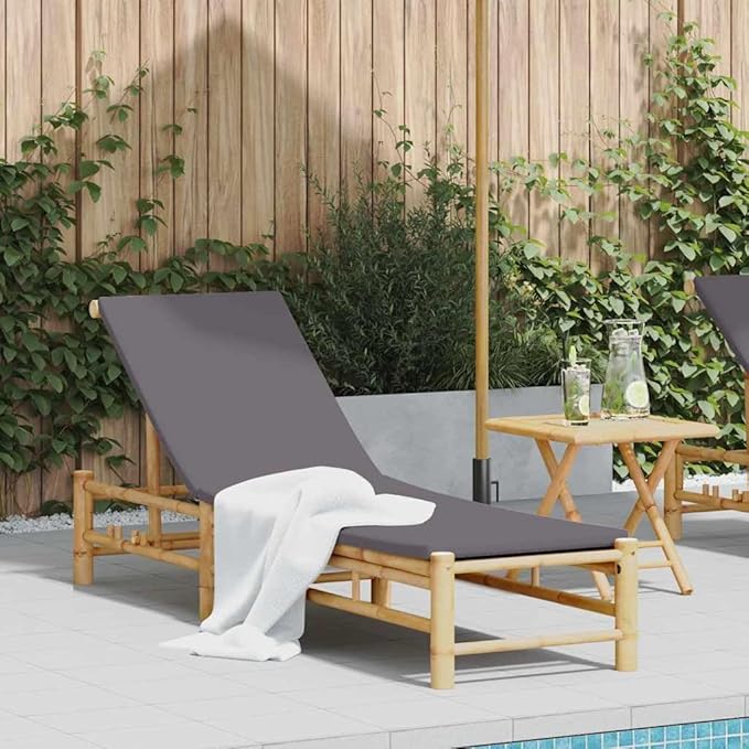 Bamboo Chaise Lounge Chair Outdoor, 78.3"x21.7" Adjustable Reclining Patio Sun Lounger with Removable Cushions - Photo 2