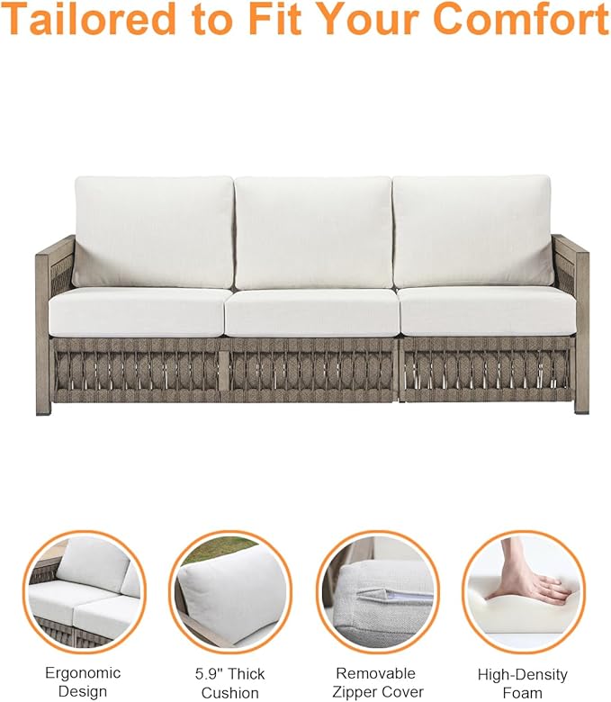 3 Seats Outdoor Sofa, Aluminum Patio Sofas Couch with Thick Cushions, Never-Rust 3-Seater Rope Weave Outside Patio Couch - Photo 8