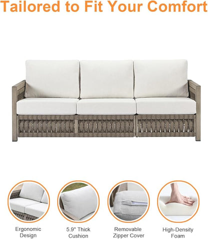 3 Seats Outdoor Sofa, Aluminum Patio Sofas Couch with Thick Cushions, Never-Rust 3-Seater Rope Weave Outside Patio Couch, Deep Seating Outdoor Sofa Furniture for Garden, Decks, Porch, Gray Oak