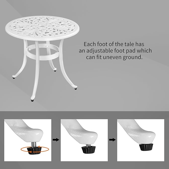 Cast Aluminum Round Table with 2 inch Umbrella Hole, Outdoor Patio End Side Table, Cocktail Coffee Bistro Table Weather Resistance, Adjustable Foot Pads for Garden, Porch, Balcony White