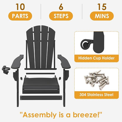 IVY&LANE Folding-Adirondack-Chairs-Set-of-2 | HDPE Plastic | Outdoor Fire Pit Chair with Cup Holder | Black | Poly | Weather Resistant | for Patio Deck Poolside Garden Beach