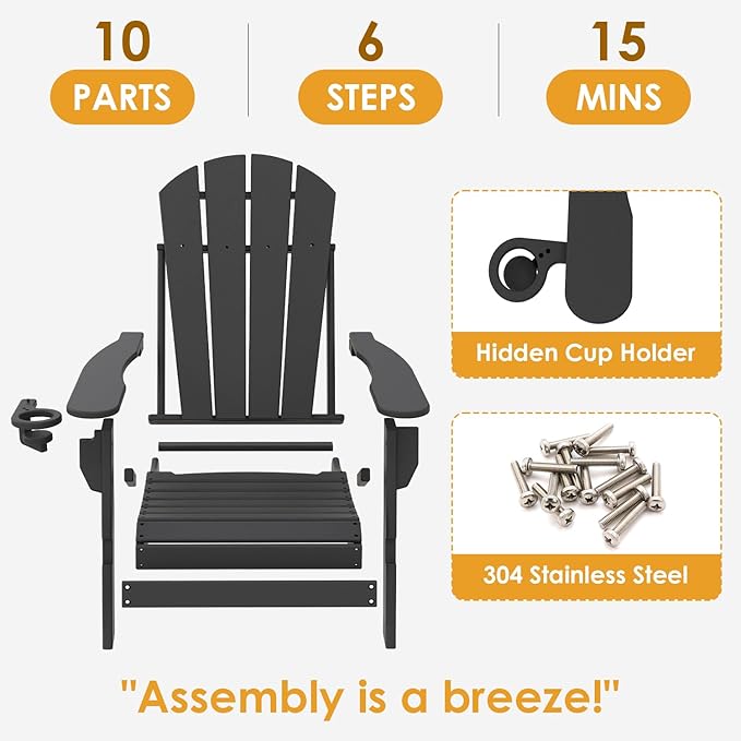 IVY&LANE Folding-Adirondack-Chair | HDPE Plastic | Outdoor Fire Pit Chairs with Cup Holder | Black | Poly | Weather Resistant | for Patio Deck Poolside Garden Beach