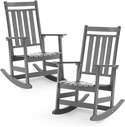 Oversized Outdoor Rocking Chairs Set of 2,All Weather Rocker Chair with More Comfortable Seat Panel for Porch Patio Outside(Grey)