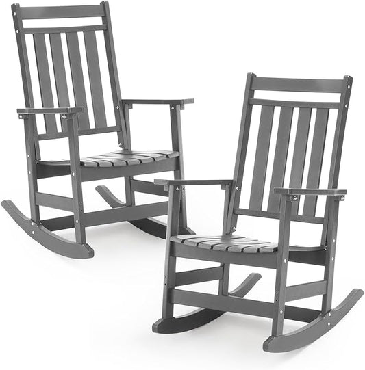Oversized Outdoor Rocking Chairs Set of 2,All Weather Rocker Chair with More Comfortable Seat Panel for Porch Patio Outside(Grey)