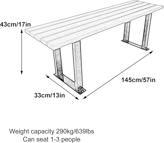Outdoor Park Garden Bench, Solid Wood Slats and Metal Frame, Weatherproof, Suitable for Patios, Schools, Commercial Spaces(145x33x43cm/57x13x17in)