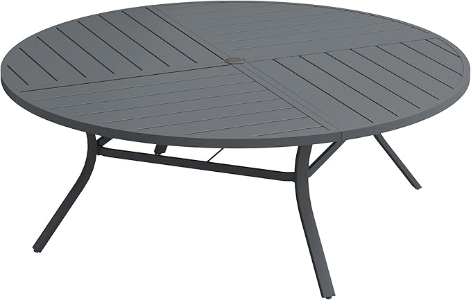 VICLLAX 63" Round Patio Dining Table for 8-10, All Weather Metal Outdoor Table with 1.57" Umbrella Hole and Surdy Frame for Garden Lawn Deck, Dark Grey