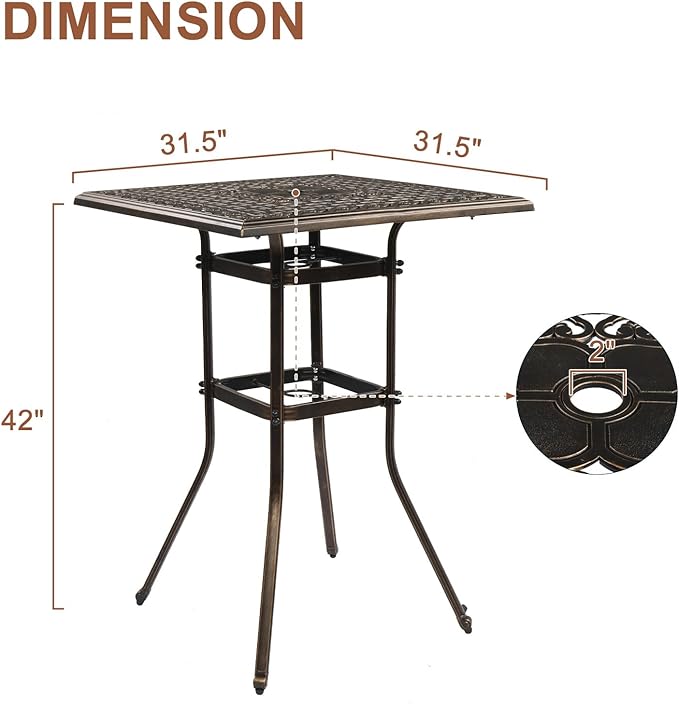 VINGLI Cast Aluminum Patio Bar Table, 42" Height High Top Outdoor Bar Table with Umbrella Hole - Photo 3