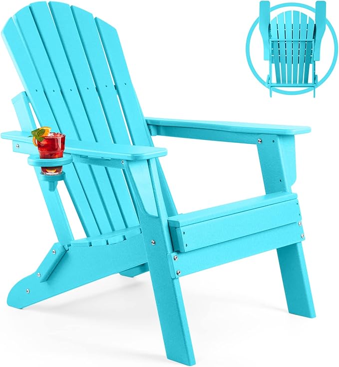 FUNBERRY Folding Adirondack Chair, HDPE All Weather Fire Pit Chairs with Cup Holder for Outdoor