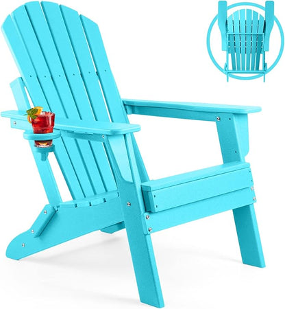 FUNBERRY Folding Adirondack Chair, HDPE All Weather Fire Pit Chairs with Cup Holder for Outdoor