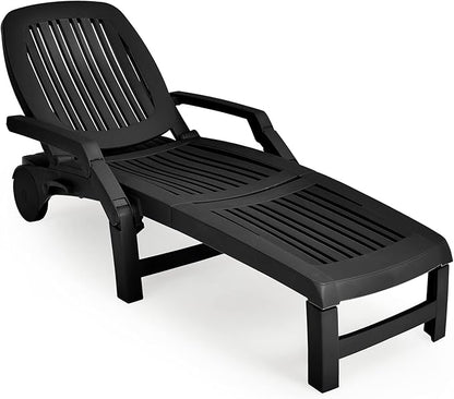 Giantex Chaise Lounge Outdoor, 6 Adjustable Backrests Lounge Chair Recliner, Outdoor Furniture for Patio Poolside Garden, Foldable Sun Lounger with Wheels (1, Black)