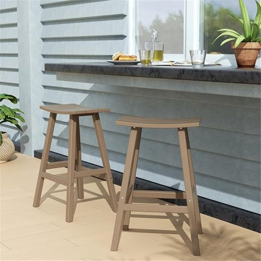 Costaelm All-Weather Bar Stools Set of 2, 29" Height Outdoor Bar Stools, Adirondack Poly Patio Bar Stool for Patio, Deck, Kitchen Counter and Garden, Weathered Wood