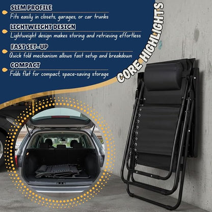 EZONE Zero Gravity Lounge Chairs Outdoor Adjustable Reclining Patio Chair Steel Mesh Folding Recliner for Pool Beach Camping Lounge Chair with Pillows and Cup Tray (2, Black)