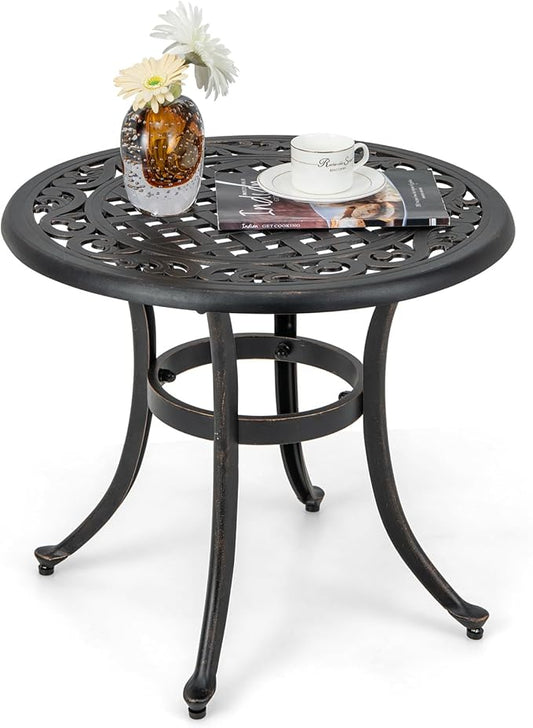 Giantex Patio Bistro Table, 24” Cast Aluminum Round Side Table, Outdoor Coffee Table for Porch, Pool, Backyard, Garden, Balcony