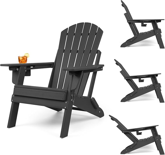 FUNBERRY Folding Adirondack Chair with Adjustable Backrest, HDPE All Weather Fire Pit Chairs with Cup Holder