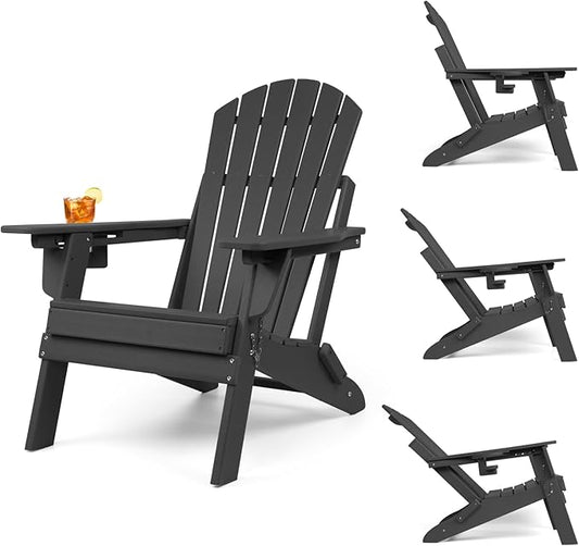 FUNBERRY Folding Adirondack Chair with Adjustable Backrest, HDPE All Weather Fire Pit Chairs with Cup Holder