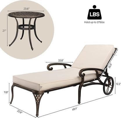 VINGLI Cast Aluminum Outdoor Chaise Lounge Chair and Side Table Set, Patio Chaise Lounge with 3-Position Adjustable Backrest, Tanning Chair Reclining Chair Poolside Lounge Chair (with Round Table)