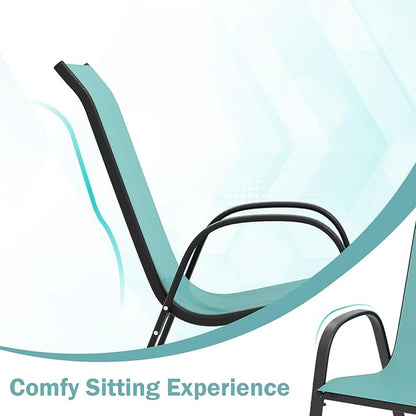 COSTWAY Patio Dining Chairs Set of 4, Stackable Outdoor Chairs with Armrest and High Back, Breathable Fabric & Metal Frame Chair for Garden Poolside Backyard Deck (Turquoise)