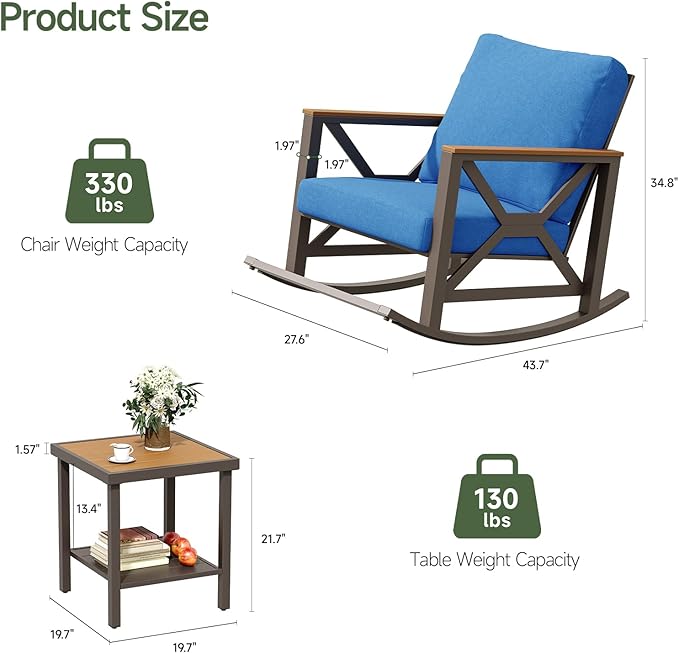 Rocking Bistro Set, 3-Piece Patio Conversation Set, Galvanized Frame Patio Rocking Chairs Set of 2 with Coffee Table and Thickened All-Weather Cushion (Blue)