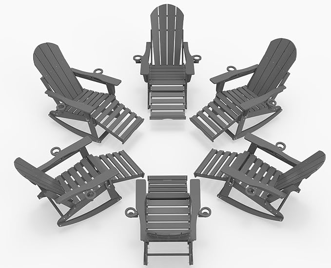 Adirondack Rocking Chairs Set of 6 with Retractable Ottoman, All Weather Folding Adirondack Chair with Two Cup Holders, Adirondack Outdoor Rocking Chairs for Porch, Patio, Balcony. Grey