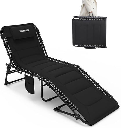 Oversized Padded Outdoor Folding Lounge Chair for Adults 330Ibs Patio Chaise Lounge Chair for Outside 5-Position Adjustable Reclining Beach Chair with Pillow Pocket