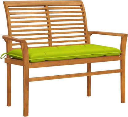Teak Wood Outdoor Bench with Green Cushion - Garden Patio Bench for Two, Natural Brown Rectangular Seating Furniture for Balcony Terrace Comfort and Relaxation